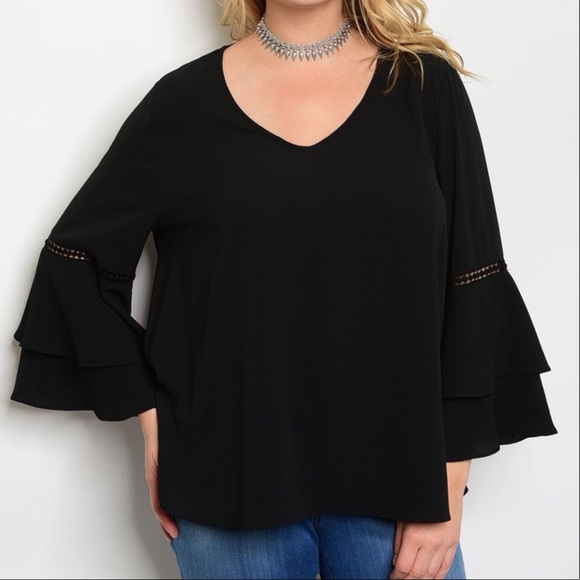 Blouse Tops - Blouse Black V Neck Crochet Detail Plus Size 1XL
